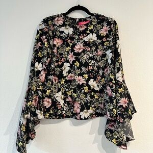 Retro Floral Long Sleeve Top with Flare Sleeves & Button Back, Size M